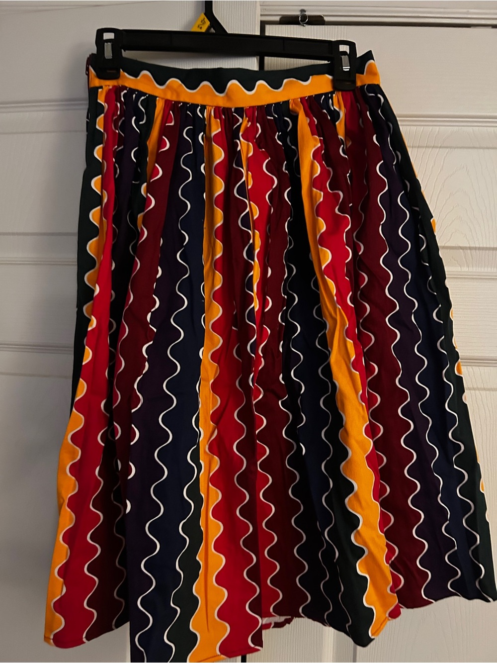 Collectif Wave-Stripe Midi Skirt in Red, Navy & Mustard